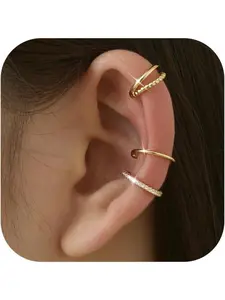 3Pcs Ear Cuff Earrings for Women Non Piercing14K Gold Plated Ear Cuffs Clip on Cartilage Earrings Adjustable Fake Earrings Lightweight Earring Stacking Set