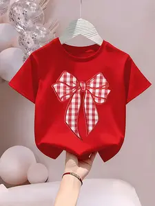 Summer Fashion Girls' T-Shirt, 1 Piece, Bow Print, Round Neck, Casual Short Sleeve, Comfortable, Suitable for Outdoor Activities