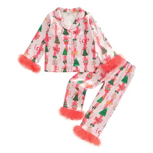 Toddler Baby Girl Boy Christmas Silk Satin Fuzzy Pajamas Santa Gift Bow Button Pjs Kids Long Sleeve Shirt Pants Xmas Pjs Sleepwear