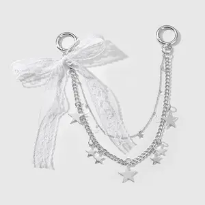 1 piece light luxury, stylish, versatile, high-appeal silver handmade rhinestone chain with stars, moon, lace ribbon, and bow; double-layer chain; DIY keychain, bag charm/hanging ornament; suitable for girls’ everyday wear; ideal as a holiday gift.