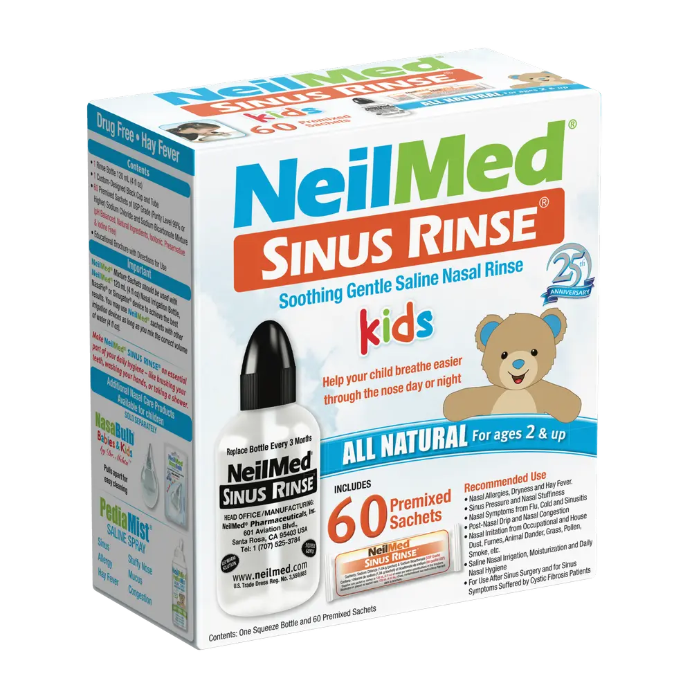 NeilMed Sinus Rinse Kids Kit - All Natural Saline Nasal Rinse for Ages 2+, Soothing Allergy & Congestion Relief, 60 Premixed Packets, 120mL Bottle NeilMed Sinus Rinse Kids Kit - All Natural Saline Nasal Rinse for Ages 2+, Soothing Allergy & Congestion Relief, 60 Premixed Packets, 120mL Bottle