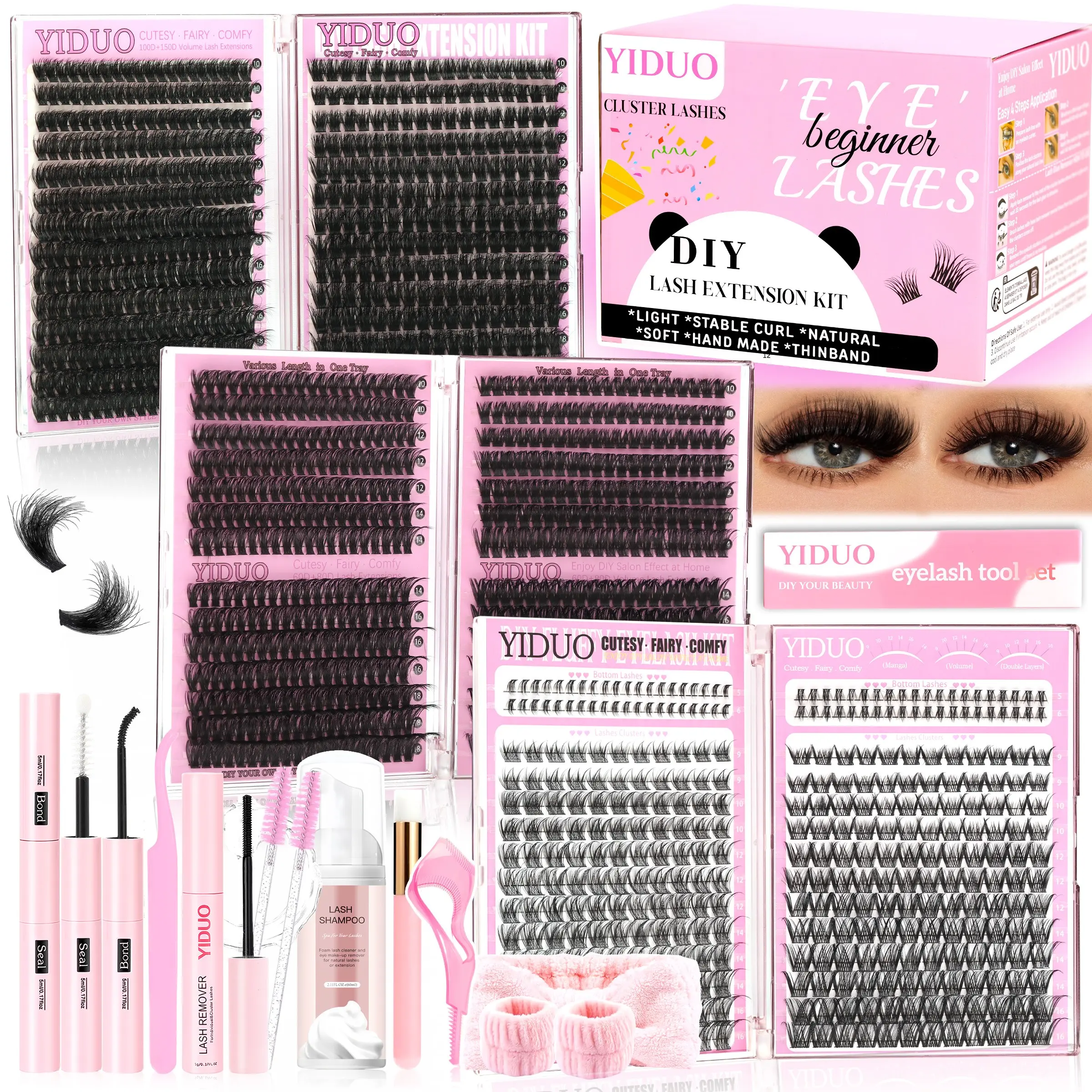 YIDUO 1434 Pcs Eyelash Cluster Kit | 60D/80D/100D/150D Fairy/Wispy Lash Extensions/Volume Eyelashes & Bottom Lashes | 5-18mm D Curvature | DIY Lash Extension Kit Includes a complete set of eye makeup tools for easy DIY at home
