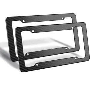 Black Carbon Fiber License Plate Frame, 2 Pack Glossy & Waterproof Plastic Number Plate Frame Print Carbon Fiber