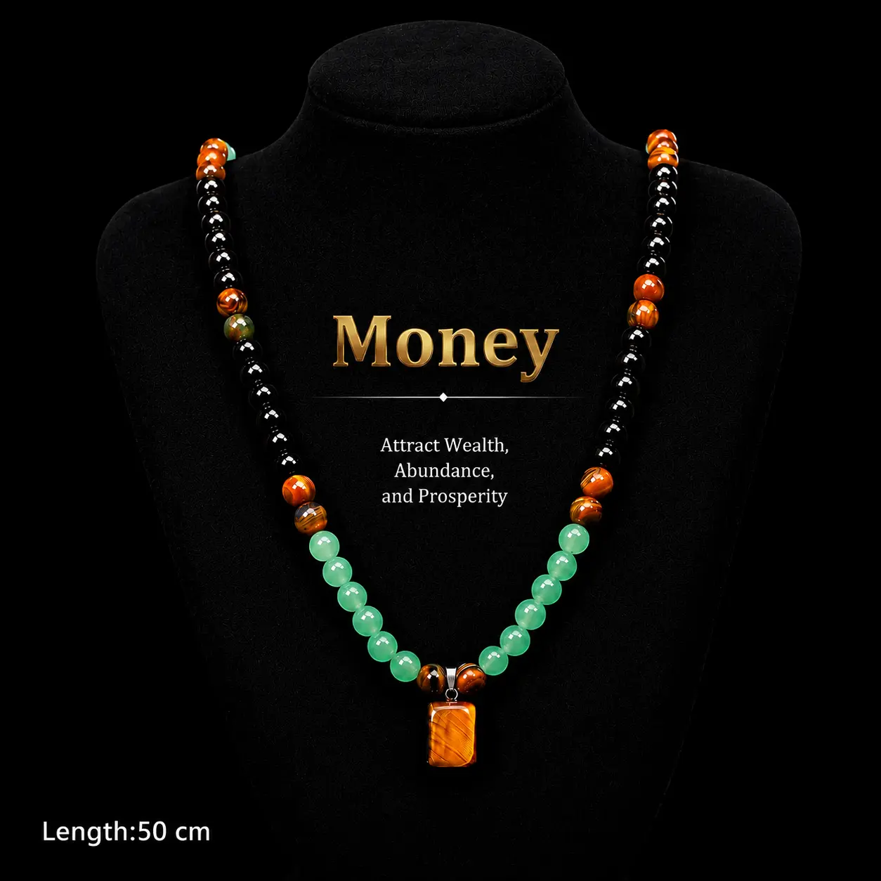 Long Crystal Necklace with Green Aventurine & Tiger Eye Pendant, Unisex Natural Stone Sweater Chain, Spiritual Jewelry to Attract Wealth & Confidence, Money, Crystal Necklaces, Meaningful Gifts