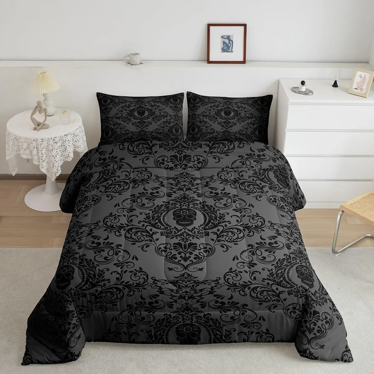 Feelyou King Size Black Vintage Damask Floral Print Decorative Microfiber Bedding Set - Breathable Aesthetic Duvet Set, Flat Weave Textile, Oriental Antique Comforter, Exotic Sugar Skull Gothic Boho Luxury Piece, All-Season Home Decor