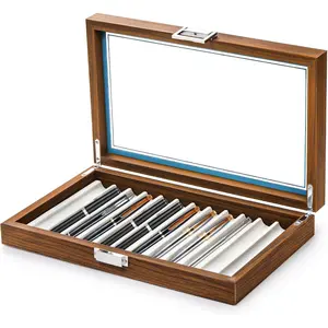 Black Walnut Wood Display Box, 12 Slot Fountain Pen Organizer With Clear Glass Window, Luxury Collection Case for Shop, Home