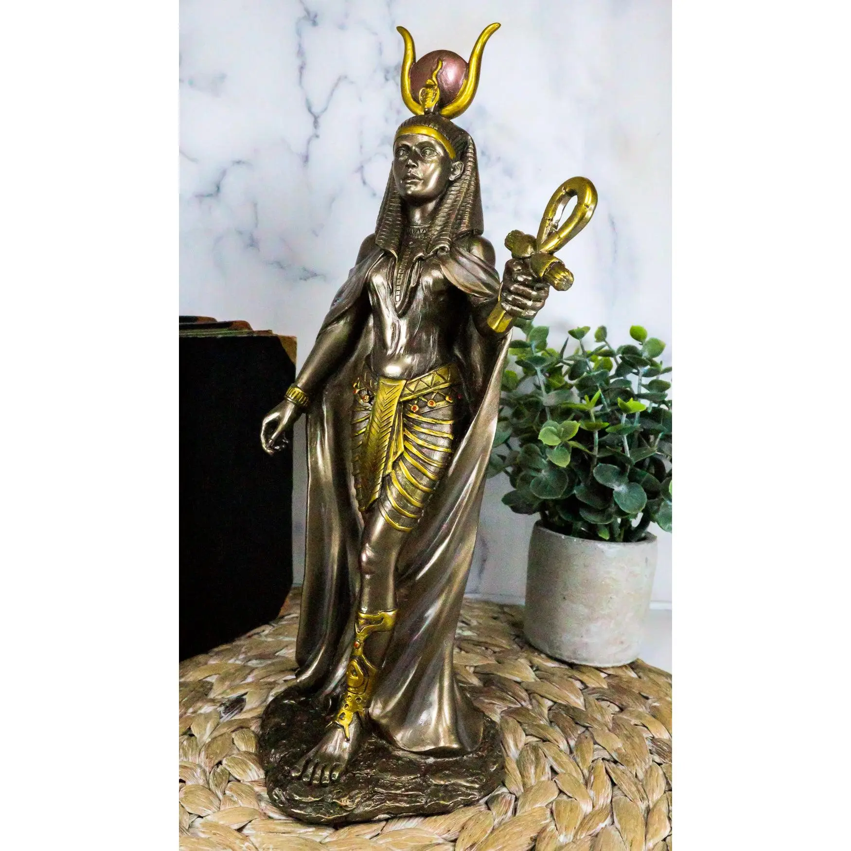 Handcrafted Egyptian Goddess Hathor Resin Figurine - 6.5in Long, 4.5in Deep, 11.5in Tall Statue Holding Ankh, Home Decor for Love Enthusiasts (Tone May Vary)