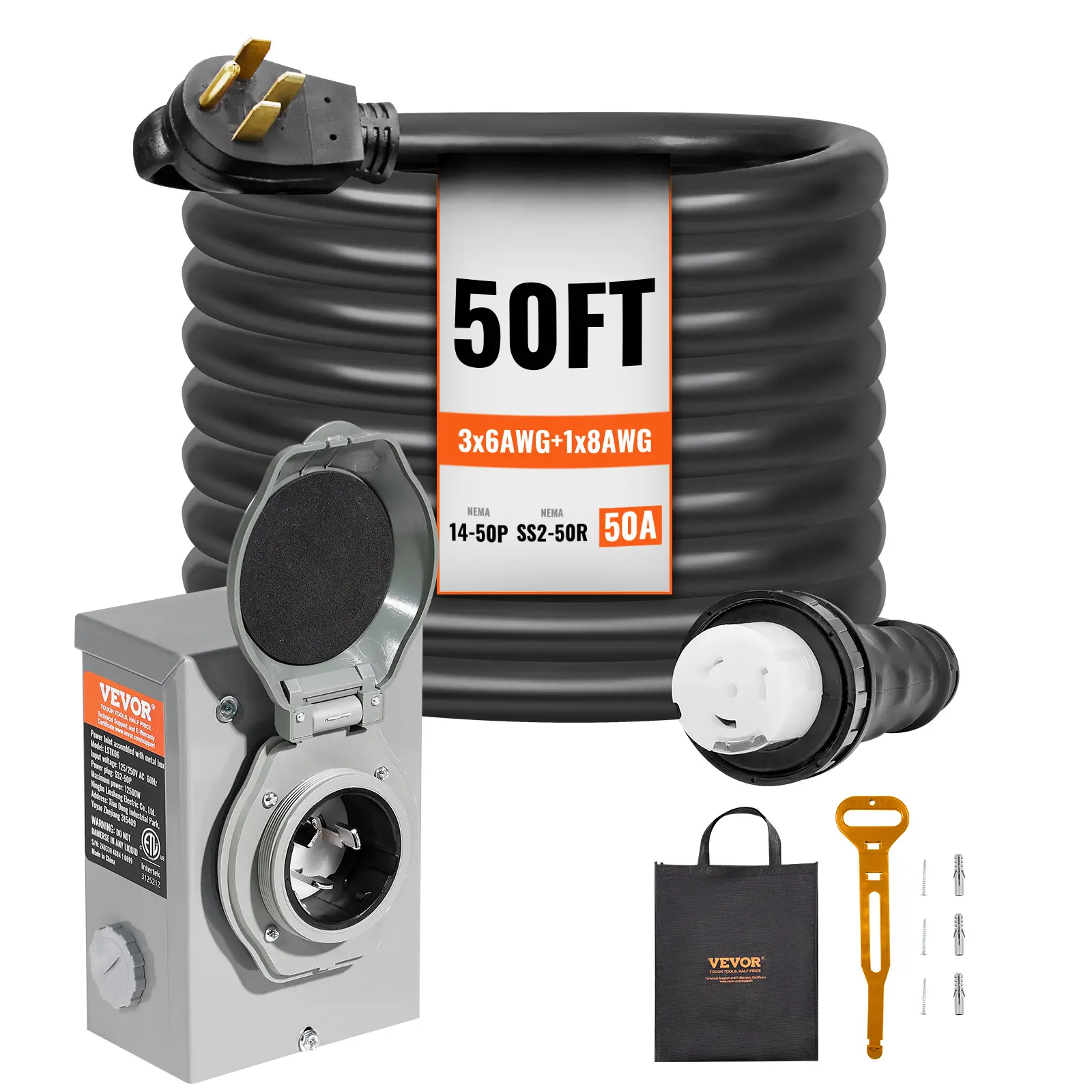 VEVOR 50 Amp Generator Cord and Power Inlet Box Kit, 50FT, NEMA 14-50P/SS2-50R STW 6/3+8/1 AWG Generator Power Cord with Twist Lock Connector, Pre-Dri