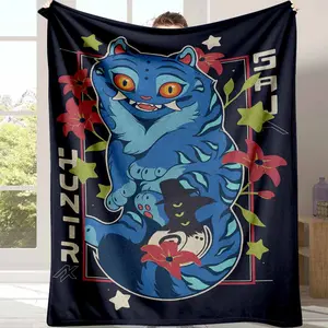 Blue Tiger Blanket  Whimsical Floral Throw for Cozy Nights  Soft Plush Fleece  Unique Kawaii Gift for Cat Lovers  Vibrant Home Decor