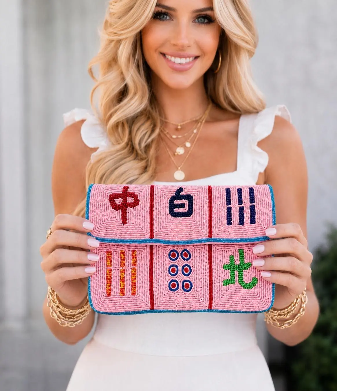 Pink Mahjong Tile Beaded Clutch - Hand-Beaded Evening Bag, Crossbody Purse with Gold Chain for Game Night