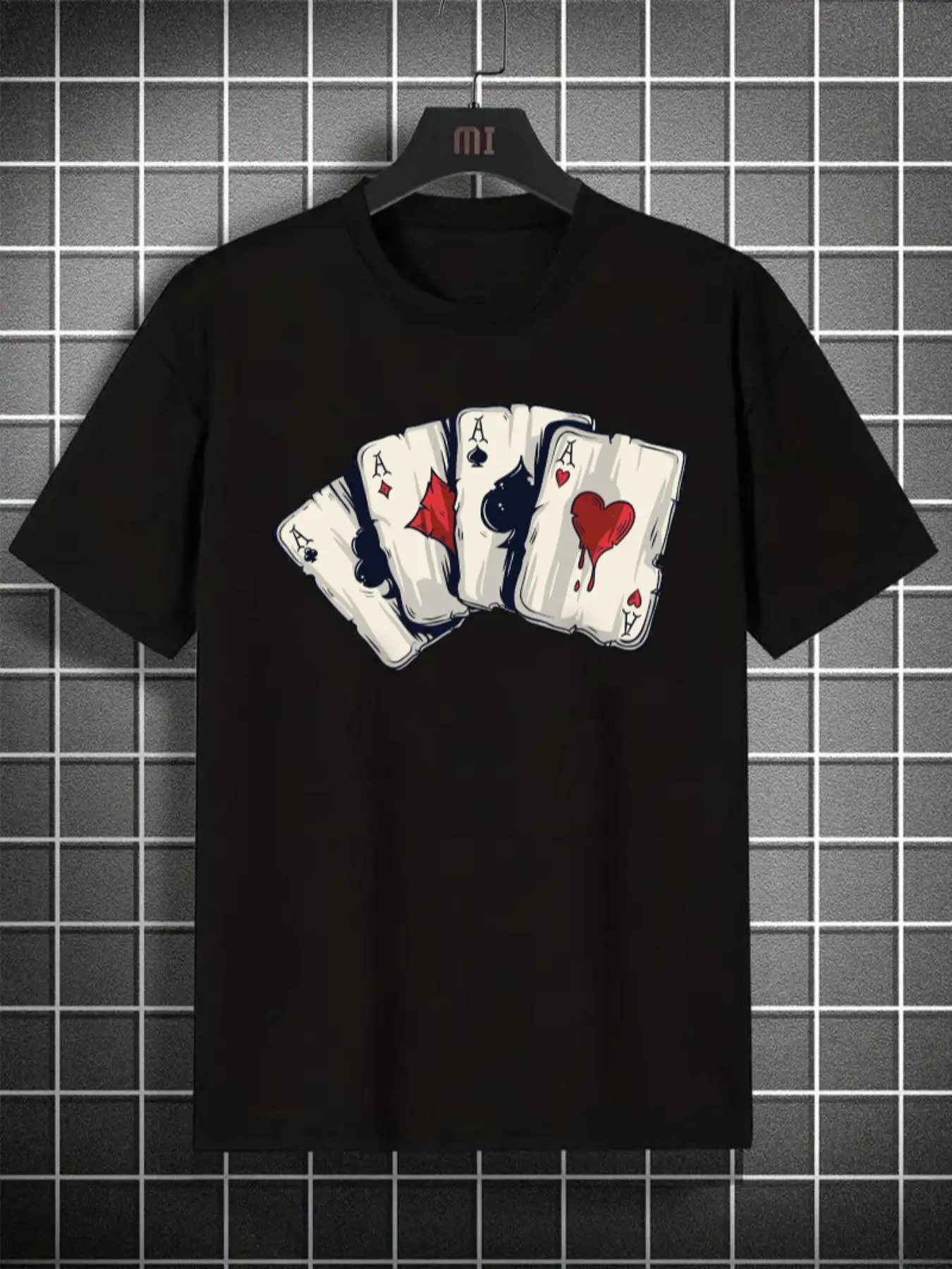 Men's Playing Card Print Round Neck Poker Graphic Tees, Regular Fit Casual Comfy Short Sleeve Cheap T-shirt for Summer, Trendy Vintage Graphic Tees fo