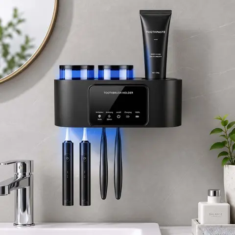 Modern Wall-Mounted Smart Toothbrush Holder with Smart Sanitizer, 2 Cups, Portable Oral Care, Anti-Fouling, Waterproof, Durable, Heat-Resistant, Odorless, Quick-Drying Bathroom Accessory