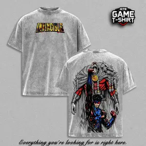 Invincible Thragg vs Mark Grayson Graphic Tee | Vintage Washed Oversized Heavyweight T Shirt | Dark Superhero Comic Streetwear Shirt | Blood Fight Large Back Print Tee | Heavy Cotton Unisex | Gym Pump Cover Gamer Outfit | Gift For Invincible Fans