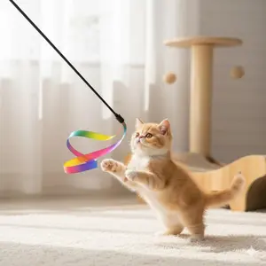 Colorful Feather Cat Teaser Wand with Multi-Directional Swing, Anti-Ingestion Lock Bell, Durable Bite-Resistant Webbing for Indoor & Outdoor Play, Interactive Kitten Kitty Wand