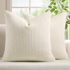 Corduroy Decorative Throw Pillow Covers 20x20 Set of 2 for Sofa Living Room, Soft Neutral Boho Couch Pillow Covers for Home Decor, Cream White