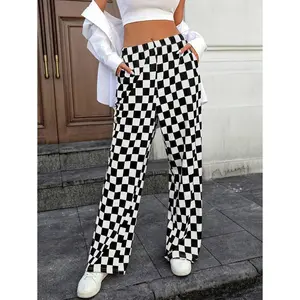 INAWLY Women's Checkerboard Pocket Decor Straight Loose Casual Pants Fall Cloth For Women