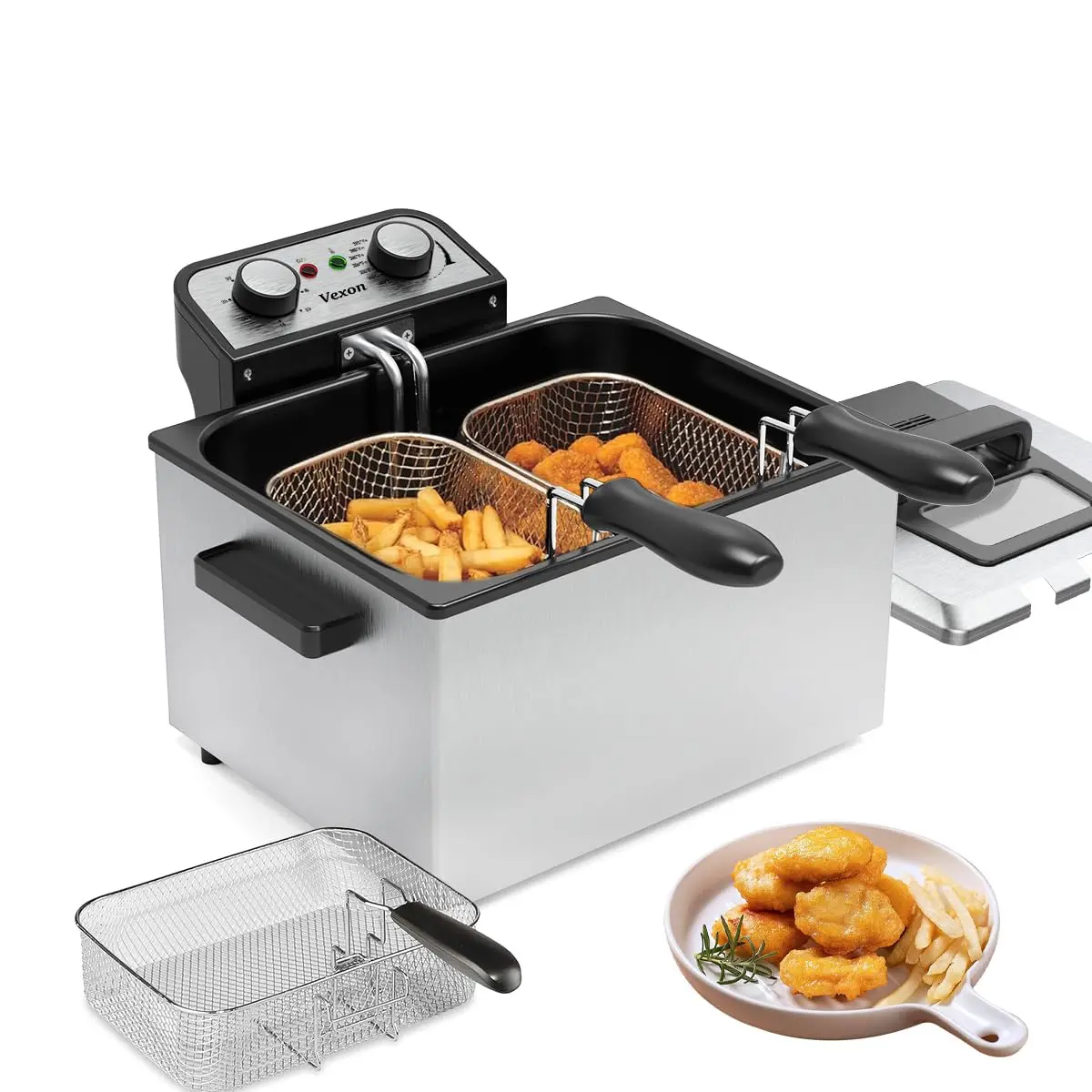 Superior 1800W Electric Deep Fryer with 5 Liters/21 Cups Capacity - Versatile, Large Stainless Steel Body with Adjustable Temperature & View Window Lid. Perfect for Home Use, Kitchen Countertop - Frying Baskets Included for Fish Fry & More!