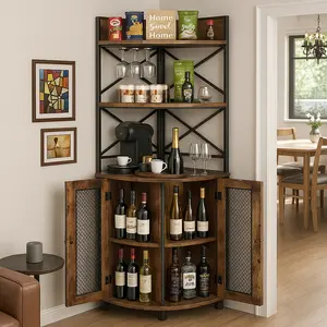 Corner Bar Cabinet with Power Outlet,  Cabinet with LED Strip and Glass Holder, Cabinet Bar Unit for Home Coffee Utensils Metal Sturdy Bottles
