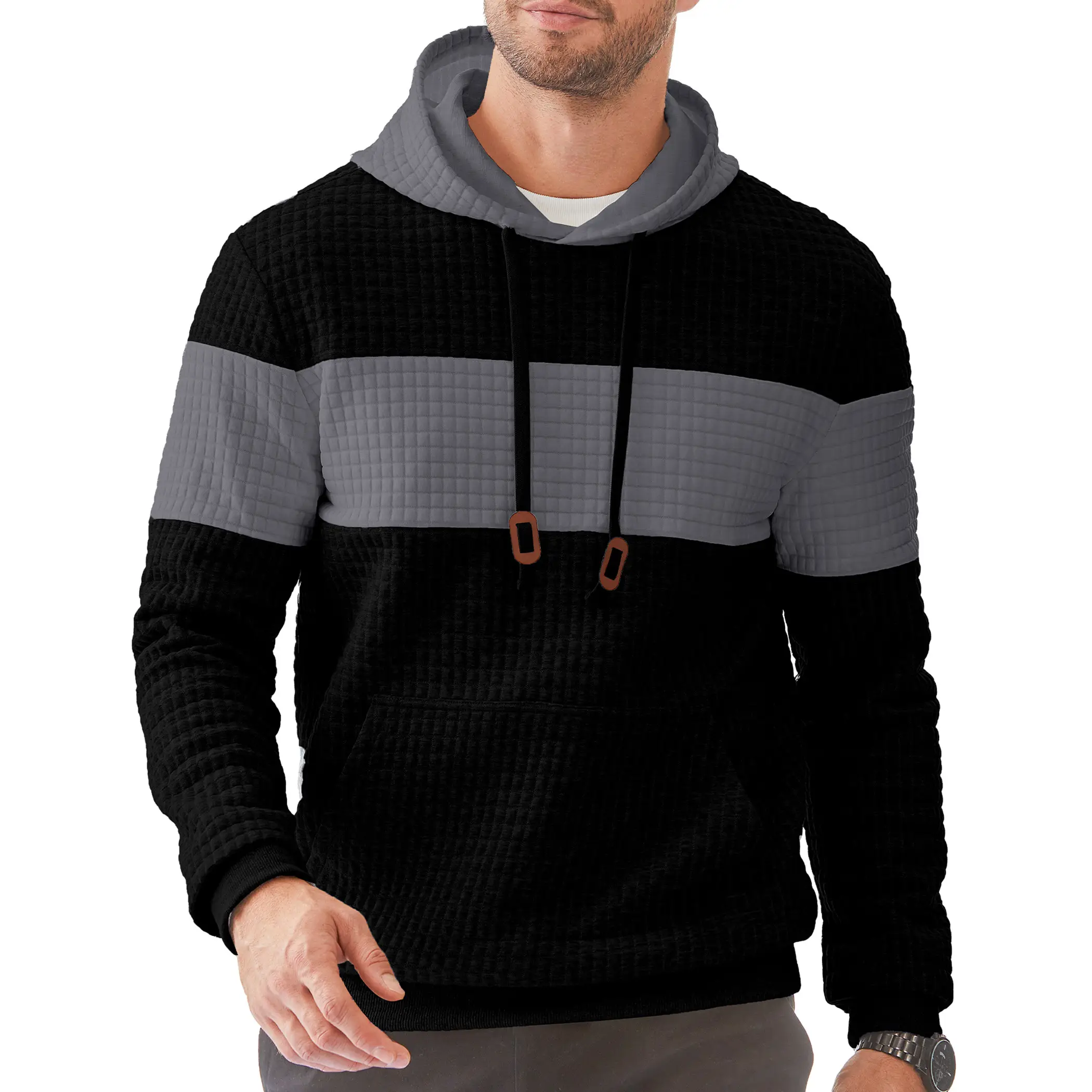 JMIERR Mens Hooded Sweatshirt Lightweight Waffle Casual Long Sleeve Drawstring Color Block Knit Pullover with Kanga Pocket,Men's clothing for Daily We