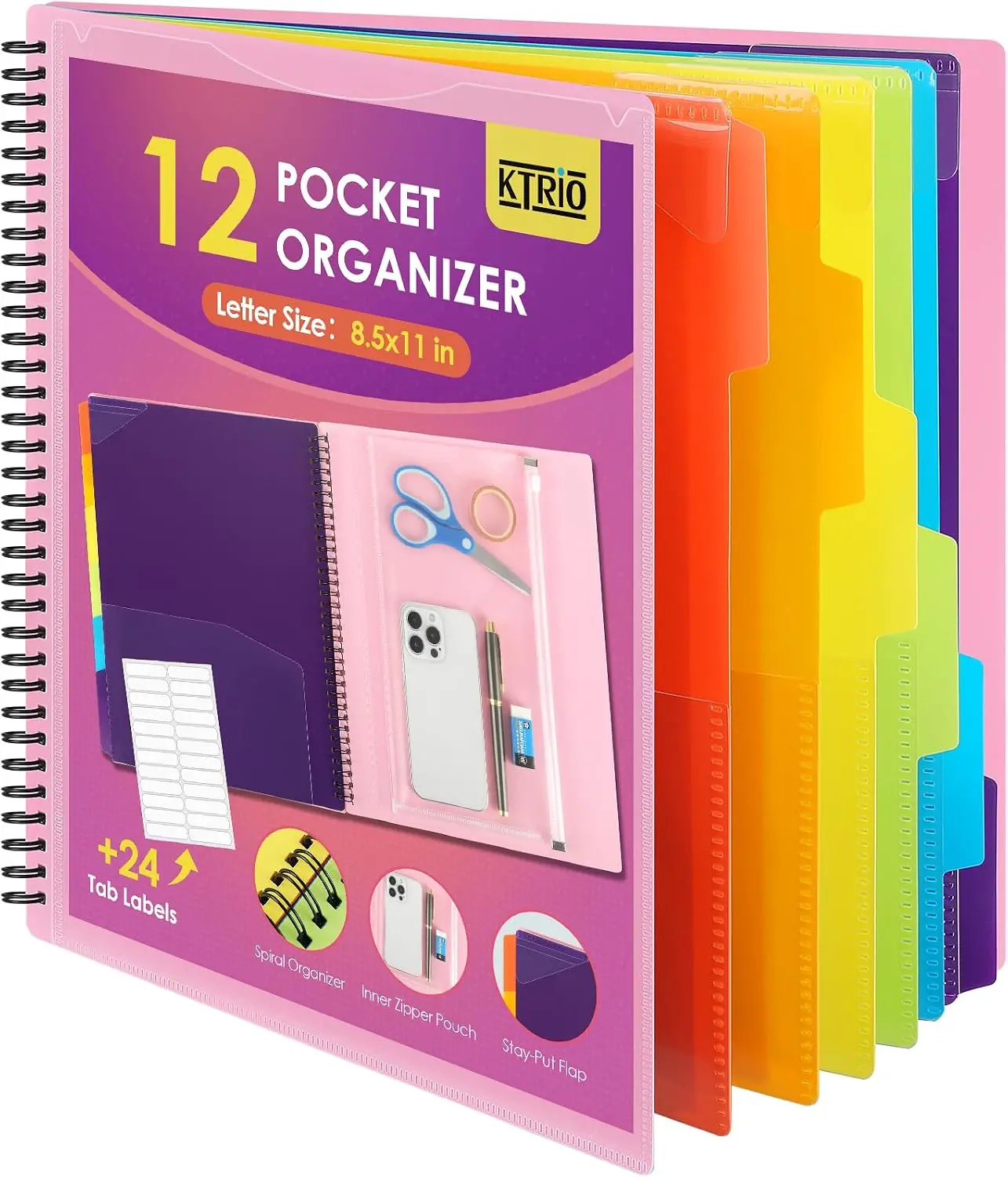 KTRIO Pink 12-Pocket Document Organizer Binder, Letter Size Spiral Zipper Binder, File Organizer with Replaceable Tabs for Important Documents