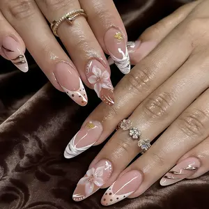 Ombre Gold Foil Flowers 3D Stereo French Inlaid Rhinestone & Gold Bead Press On Nails, Starfish & Shell Gold Foil Irregular Lines Gradient Removable False Nails with Jelly Glue and Nail File