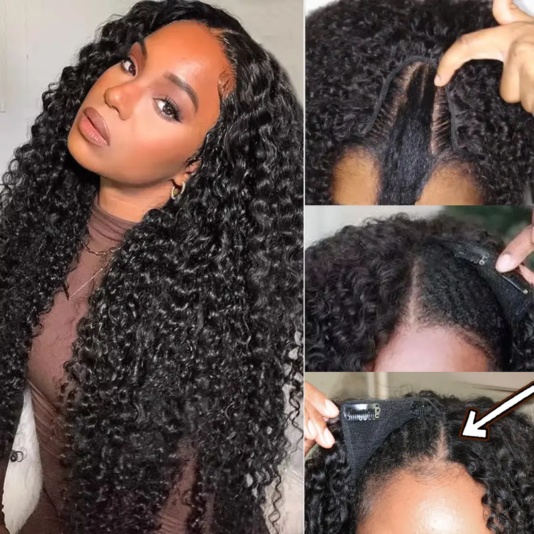 CORIIANA Deep Wave V Part Human Hair Wig Brazilian Curly Glueless Wigs Human Hair For Black Women Cheap Full Machine Made Wig Beginner Friendly 200 Density