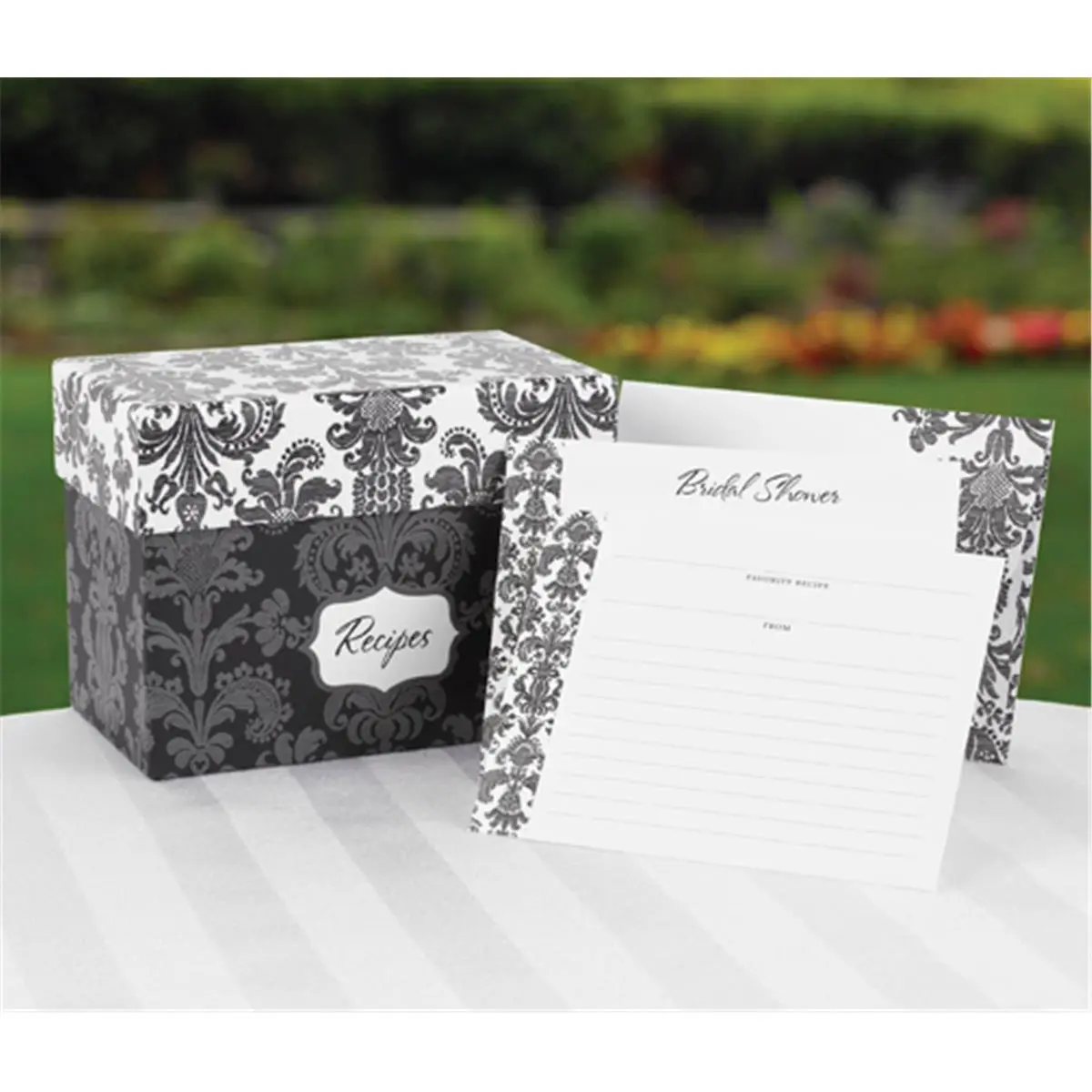 Hortense B. Hewitt Damask Print Recipe Box Gift Set - Home & Wedding Supplies, Compact Storage Box with Blank Recipe Cards, Includes 25 Bridal Shower Invitations, Home Supplies