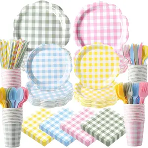 450 Pcs Gingham Tableware Set Pastel Plaid Paper Plates Napkins Cups Cutlery Straws Checkered Dinnerware Supplies Serves 50 for Easter Baby Shower BBQ Picnic Birthday Party
