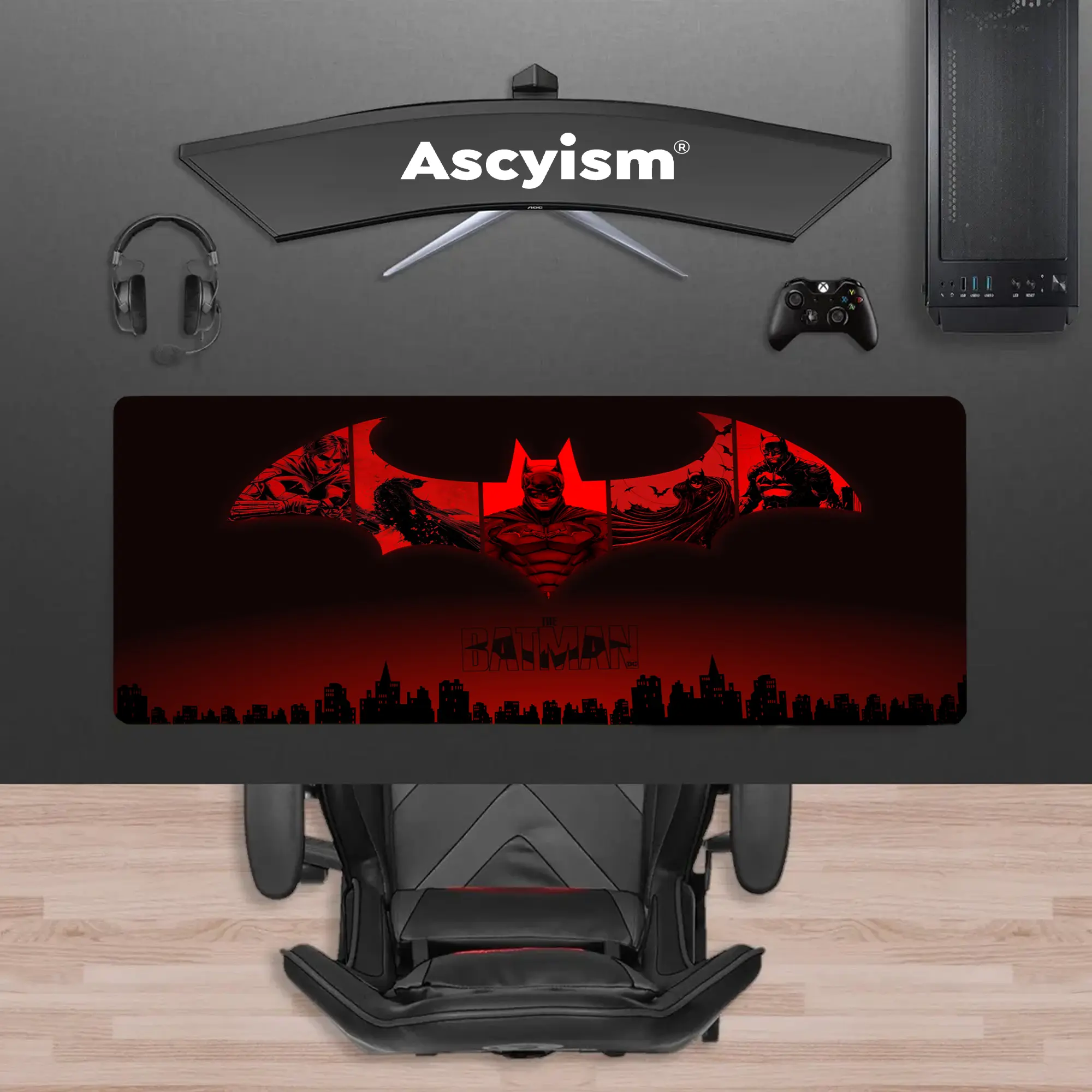 Dark Bat Vigilante Gaming Mouse Pad, Red Night Guardian Comic Extended Desk Mat, Large Keyboard Pad, Waterproof Non-Slip Rubber Base Mousepad for PC Gamer Setup, Gaming Room Accessories, Office Gift and Desktop Decor, 40x20 Inch