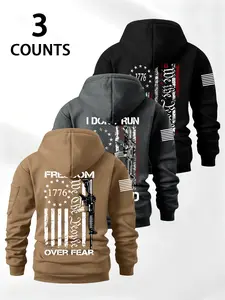 Men's Half-Zip Pocket Design Drop Shoulder Casual Pullover Sweatshirt, Loose Fit Long Sleeve Hoodie, Fashion Graphic Gun Letter Print, Fall & Winter Casual Wear, 3 Piece Set