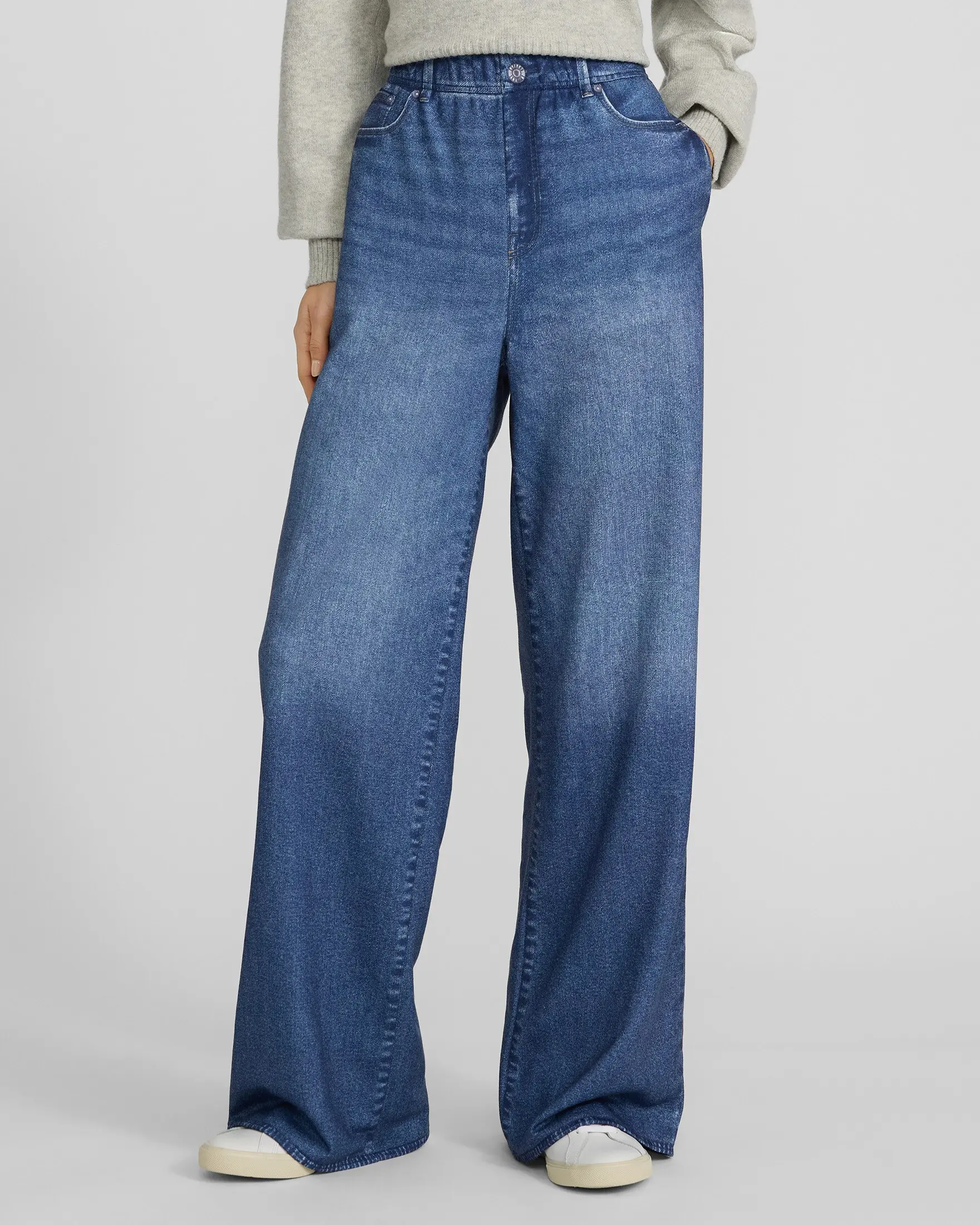 Express High Waisted Pull On Wide Leg Dark Wash Knit Jeans