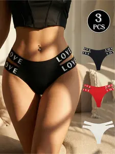 3 Pack Women's Thongs - LOVE Print in Black, Red & Green | No Show Comfort Fit Underwear Stretchy Panties