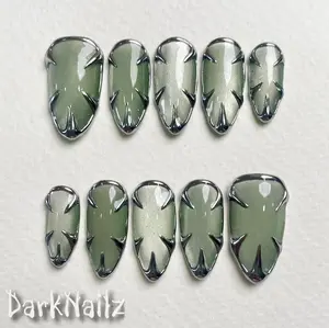 Custom Cat Eye Soft Green Press On Nails, Gothic Punk Rock Silver Chrome Fake Nails