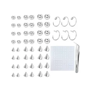 Non-Piercing Fake Eyebrow & Lip Labret Studs Set, Silver Color, 3/4/5mm Sizes, 100pcs Adhesive Included, Spike Design, Body Piercing Jewelry