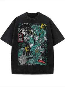 valentine shirts Men's washed street brand street style 100% pure cotton T-shirt, Saint Seiya character print casual daily wear, front and rear printed retro heavy T-shirt