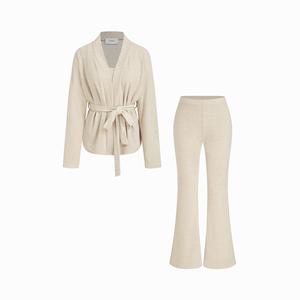 Cider Terry Long Sleeve Top With Belt With Tank Crop Top & Low Rise Flared Trousers Loungewear Set