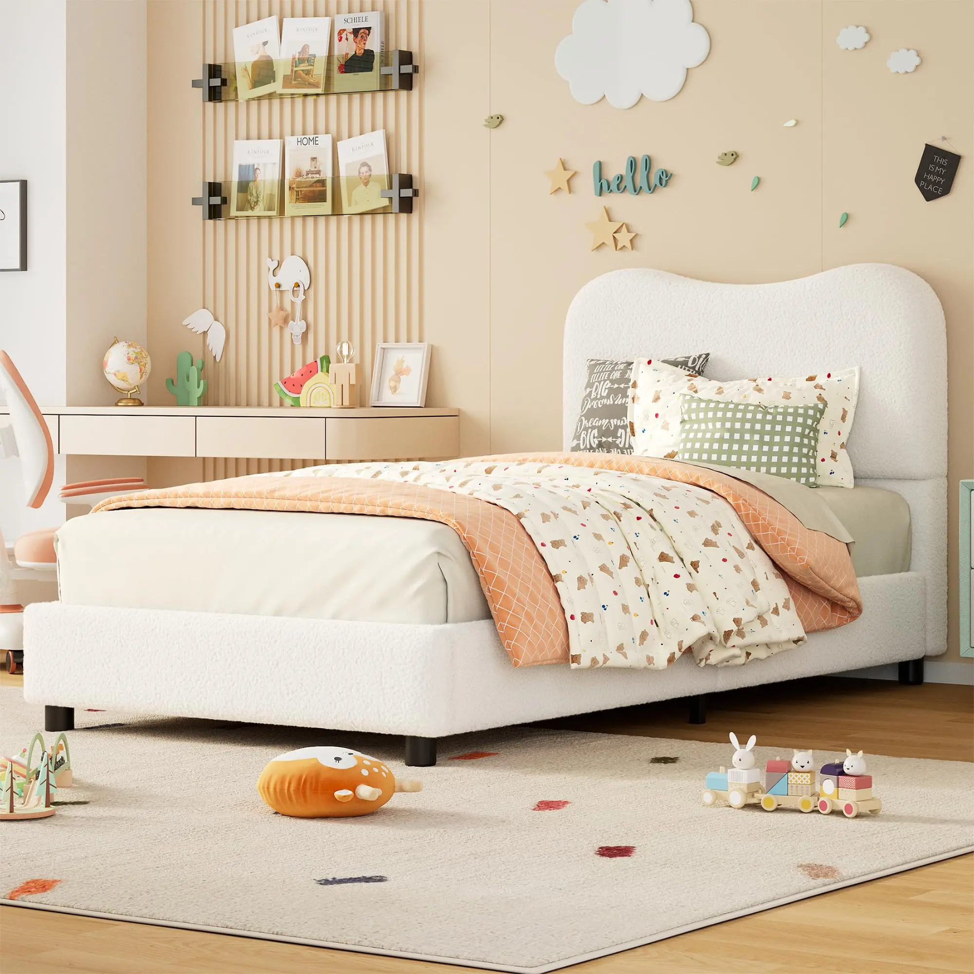 White Boucle Bed Frame with Upholstered Headboard, Soft Low Profile Sturdy Platform Bed with Rounded Corners Design,No Box Spring Needed,Twin Size