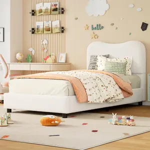 White Boucle Bed Frame with Upholstered Headboard, Soft Low Profile Sturdy Platform Bed with Rounded Corners Design,No Box Spring Needed,Twin Size