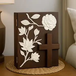 Wood Stained Bible Box with Resign Floral Detail and Wooden Cross Decorative Book Style Design