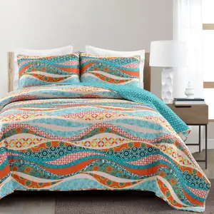 Lush Decor Hailey Watercolor Wave Reversible Cotton Quilt 3 Piece Set - Full/Queen/King Sizes, 100% Cotton, Machine Washable, Modern Maximalist Design