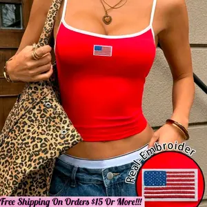 Real-Embroider Red Spaghetti Strap Tank Top with American Flag Patch for Women's Casual Wear Womenswear