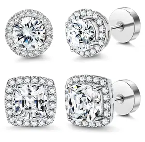 Luxury 4-Piece Halo Zircon Stud Set Hypoallergenic Copper Plated Gold Silver Round Square Premium Holiday Birthday Gift Exquisite Jewelry Box Included