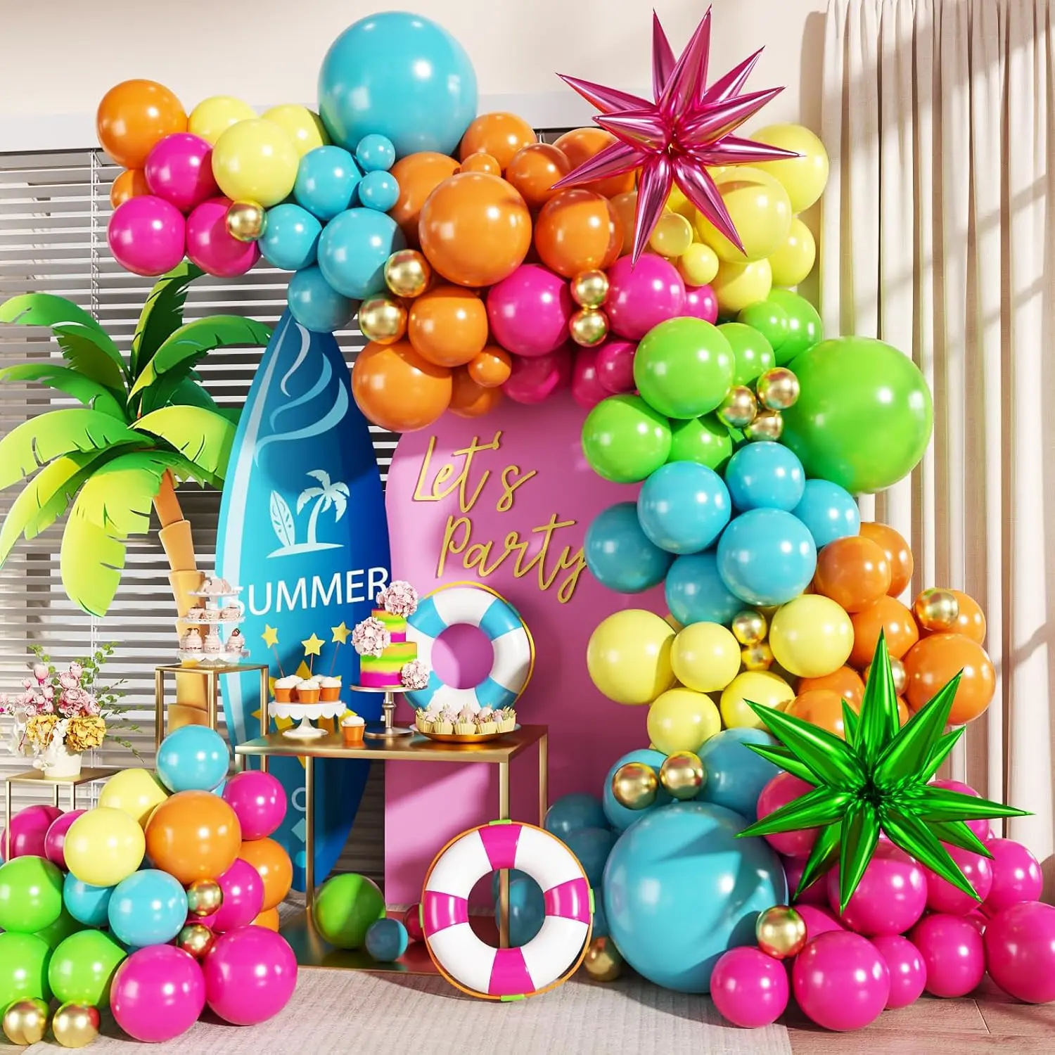 141PCS Tropical Balloon Arch Kit – Summer Party Decorations | Hawaiian Luau Aloha Theme | Colorful Balloons & Foil Stars | Baby Shower & Birthday Decor