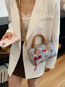 Women's Cute Cherry Embroidered Boston Bag, Mini Crossbody with Charm, Phone Wallet Holder, Lightweight Casual Shoulder Bag