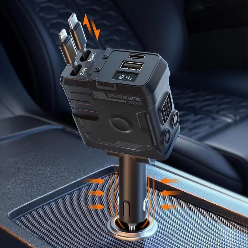 W&O 69W 4-in-1 Retractable Fast Charger for Car, Type C Charger with 4 Shock Absorbers, Universal Car Adapter (Cigarette Lighter Plug), 31.5in Retractable Cables, 2 USB Ports, Road Trip Essential for iPhone 16
