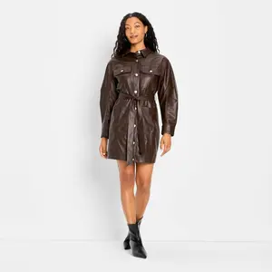 Women's Long Sleeve Faux Leather Mini Shirtdress - Future Collective