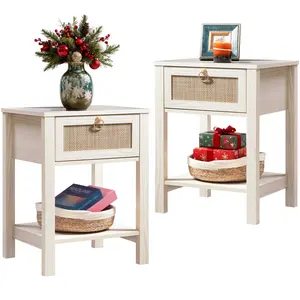 SICOTAS Nightstand Set of 2 - 15.2" x 17.7" x 23.6" Size Elegant Rattan Decor Drawer with Brass Knobs Night Stand Engineered Wood Bedside Table Boho End Tables Side Tables with Storage Shelf for Bedroom and Living Room