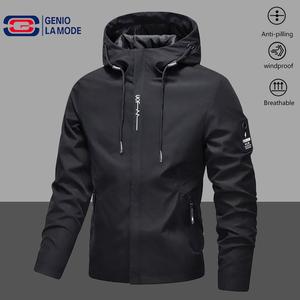 Men'S Casual Windproof Hooded Jacket with Embroidered Details, Long Sleeve Zip-Up Polyester Coat for Spring & Fall - Pockets, Zipper Closure, Regular Fit, Casual Wear Jacket|Hooded Jacket|Zippered Jacket