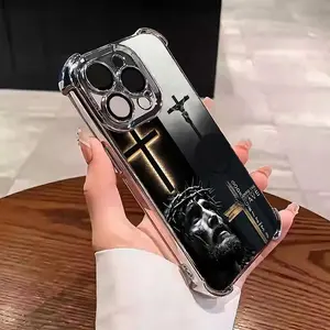 Jesus Four Corner Air Cushion Electroplating Transparent Suitable For IPhone 16/15/14/13/12 Pro Max 16 Plus X/Xs Max Phone Case Suitable For Samsung S21 S22 S23 S24 S25 Edge/Ultra/Plus/FE/+A14 A15 A16 A54 Anti Drop For
