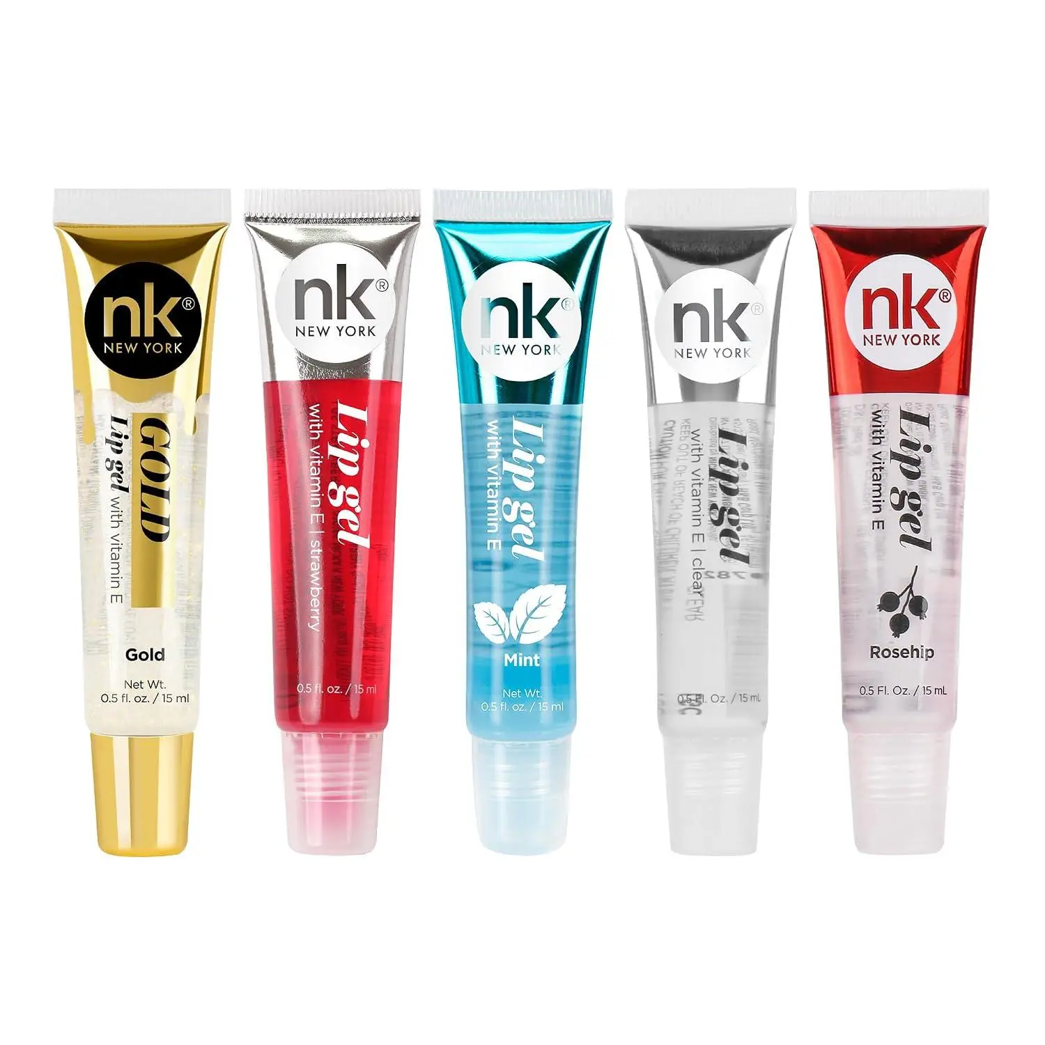 NICKA K NEW YORK VARIETY SET OF 5 NK Hydrating Lip Gel - Vitamin E (Clear, Rosehip Oil, Bubble Gum, Cherry, Strawberry)